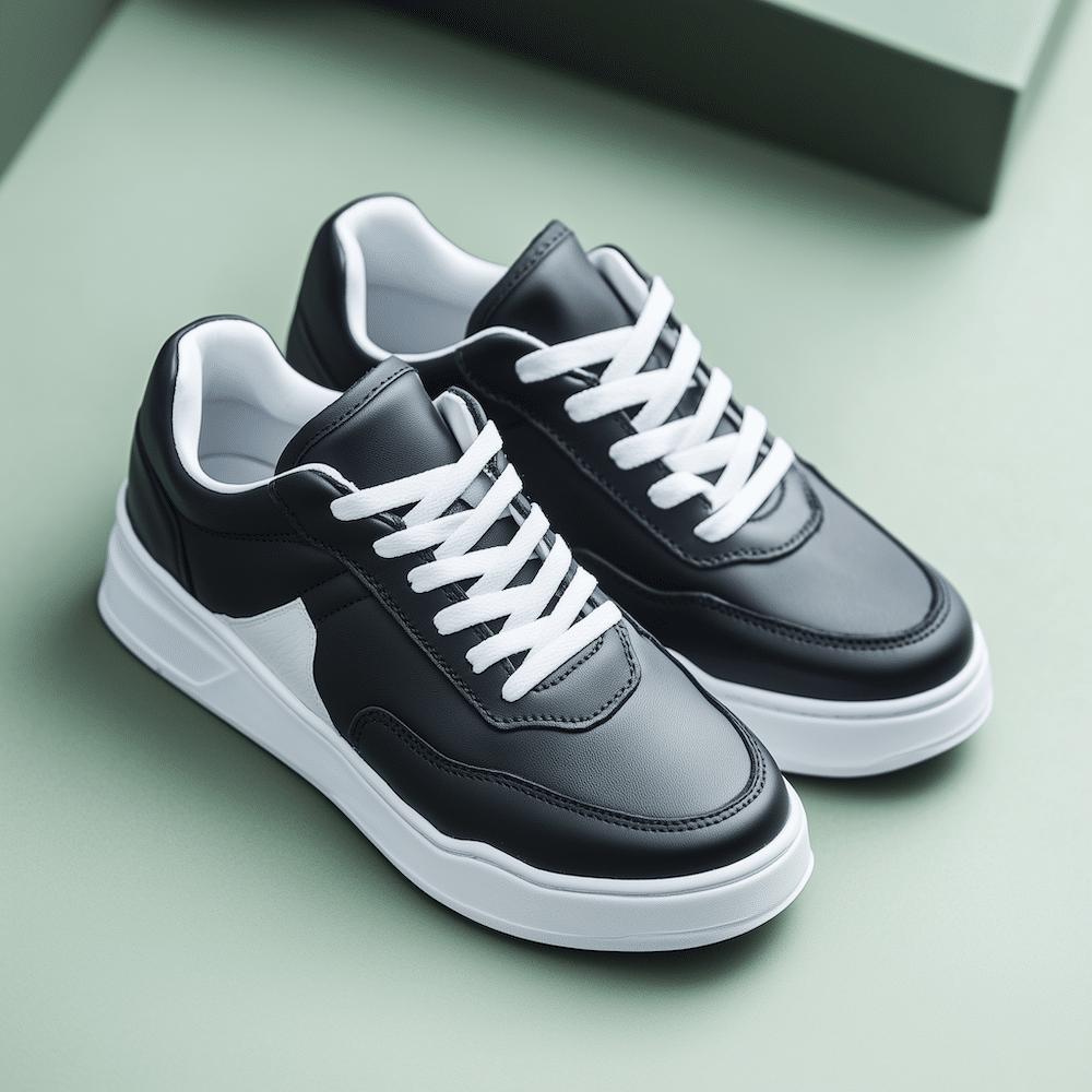 Schwarze Ledersneaker mit weißen Sohlen